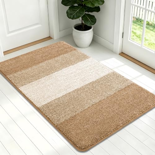 Kitinjoy Indoor Outdoor Door Mat, 54x32 Non-Slip Dirt Trapper Doormats | Camel Low-Profile Washable Inside Entrance Front Floor Mat, Sturdy Soft Entry Striped Doormats for Entryway - color: Camel, size: 54'' X 32''