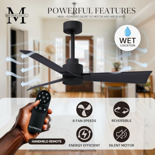Matthews Fan Company AK-BK-BW-42 Alessandra Wet Rated 42" Ceiling Fan without Light, Remote Included, Silent DC Motor, Matte Black with Barn Wood Tone - color: Matte Black with Barn Wood Tone, size: 42-inch