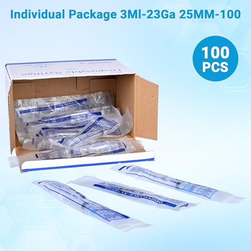 100 Pack 3mL 23Ga 1 Inch Disposable Syringe, Luer Lock Syringes, Individually Wrapped Lab Supplies - style: 3ml-23G 1"