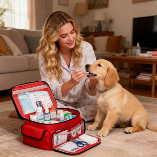 First Aid Bag Empty, 5-Piece Set with Large Medical Organizer, 3 Portable Pouches & Carry Bag for Pet First Aid Kits, Home Adventure Travel Medical Supplies (Red)