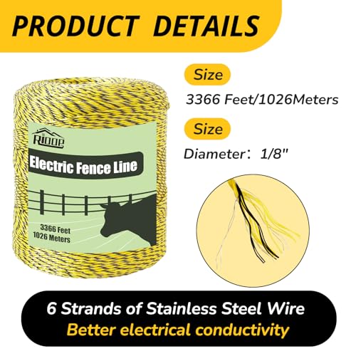 RIOOP Electric Fence Wire Polywire 3366 Feet/1026Meters | Portable Livestock Fencing, 6 Stainless Steel Strands for Reliable Conductivity, Rust Resistance, UV Resistant - size: 3366 Feet/1026Meters