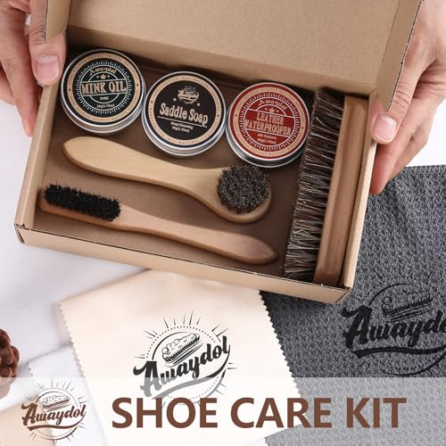 11 PCS Leather Care Kit - Horsehair Brushes,Saddle Soap,Waterproofing Wax,Mink Oil Conditioner,Polishing Cloth,Microfiber cloth,Boot Shoe Shine Cleaning Kit Gift for Men Cowboy Husband Dad ﻿