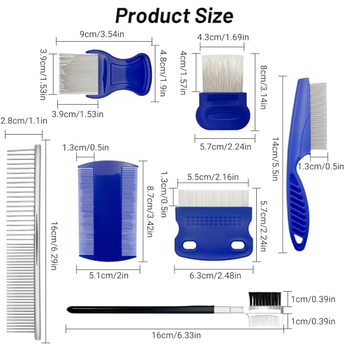 7PCS Flea Comb Set for Cats & Dogs, Pet Comb, Dog Eye Comb, Tick Comb | 7 combs for flea removal, tear stain cleaning and grooming with stainless steel and plastic for cats and dogs.