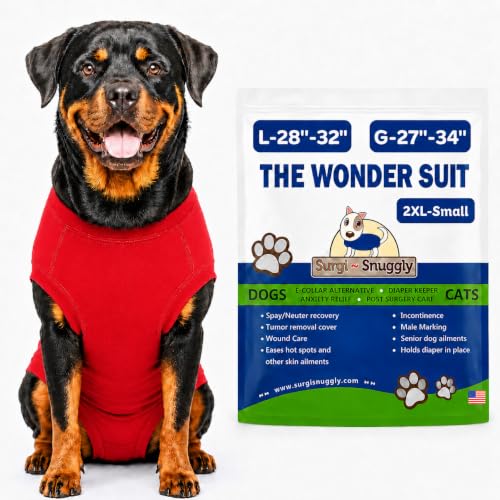 Surgi Snuggly Dog Surgery Recovery Suit, Cone Alternative, Spay/Neuter 2XLS | Dog Recovery Suit for Dogs — Veterinarian-Invented Surgical Suit & Recovery Onesie with Easy Bathroom Access After Surgery - color: Radiant Red, size: 2 Extra Large Small(L-28"-