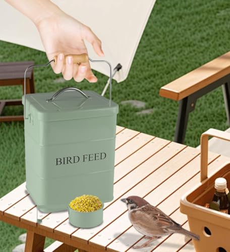 Morezi Bird Seed Storage Container Metal, 6 Lbs Airtight Bird Food Tin | Outdor Wild Bird Seed Container Canister w/ Scoop/Wooden Handle , Sturdy and Squirrel-proof, Keep Sunflower Seed Fresh-Green - color: Green