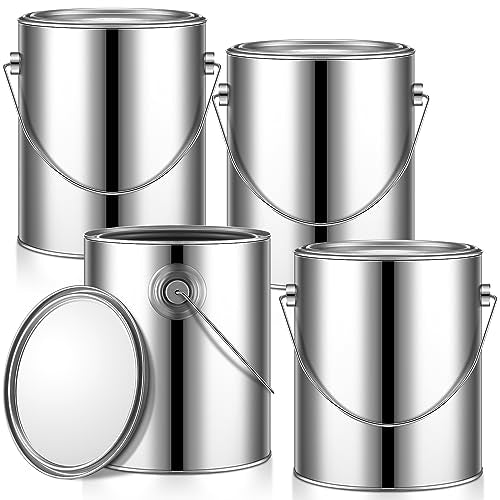 Uiifan 4 Pcs 1 Gallon Metal Paint Cans with Lids Handles Empty,Silver | Heavy Duty Steel Construction, Leak-proof Sealed Lids, For Varnish Storage DIY Crafts, Sturdy Handle for Easy Transport