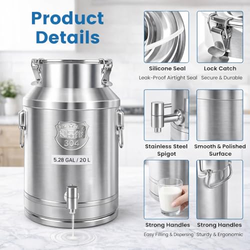 304 Stainless Steel Milk Can with Spigot, 5 Gallon Metal Water Dispenser, 20L Steel Water Tank & Stainless Steel Beverage Dispenser, Heavy Duty Drink Dispensers for Milk, Wine - size: 5 Gallon