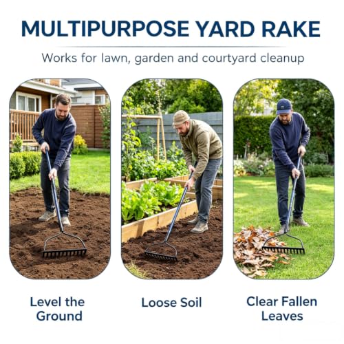 WIKER Heavy Duty Steel Garden Rake, 57 Inch Fiberglass Long Handle with 14 Tempered Tines, One-Piece Non-Slip Yard Rake for Soil, Gravel, Leaves, Gardening & Landscaping