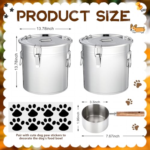 Lounsweer 2 Pack 8.9 Gal Stainless Steel Dog Food Storage Container with Lid and Locking Clamp 33 L Metal Airtight Container Large Stainless Steel Bucket with Food Scoop for Pet Feed - size: 33 L