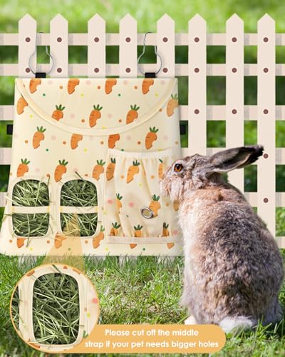 Bissap Rabbit Hay Feeder Bag, 2 Holes Hanging Hay Feeder Guinea Pig Hay Bag with Side Pocket for Rabbits Bunny Chinchillas Hamsters Rats and Other Small Pets Small Animal - Beige