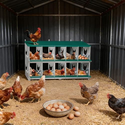 10-Compartment Chicken Nesting Box, Heavy Duty Galvanized Steel Poultry Nest Box, Wall Mount/Freestanding Design for Hens, Ducks, Backyard Homesteads & Farm Use, Green, 10 Mats &4 Eggs, No Stand - color: Green, size: 10 Room&Mat eggs