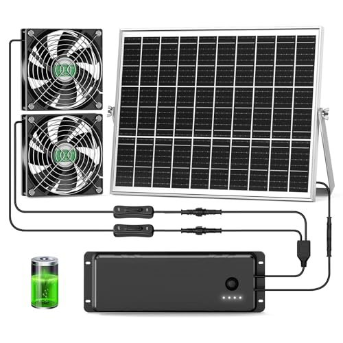 Solar Fan with Battery, 25W Solar Powered Rechargeable Fan Outdoor Waterproof, 12800 mAh Battery Exhuast or Intake Fans, for Chicken Coop Greenhouse Dog Shed Ventilation Cooling