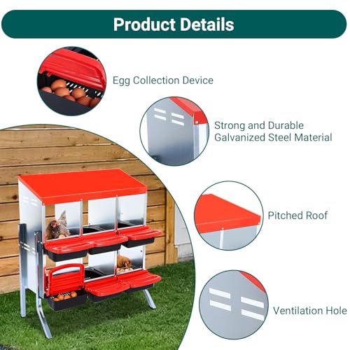 Garvee Chicken Nesting Boxes, 6 Hole Metal Chicken Laying Box with Removable Trays for Chicken Coop, Red, with Metal Legs - color: red, size: 6 grids with legs