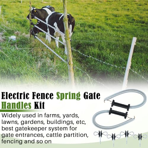 Hicarer 4 Set Electric Fence Gate Kit with Spring Handles & Screw-in Ring Insulators, 16ft Retractable Tension Spring for Farm, Ranch, Garden, Heavy Duty Black Electric Fencing Accessories for Safety
