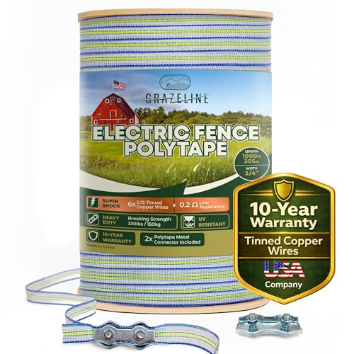 Electric Fence Polytape 1000ft, 3/4" Fence Tape, 6 Tinned Copper Wires | 330lb Strength High Visibility Livestock Fencing - 0.2 Ohm Low Resistance - Safe for Horse and Goat Fencing - UV resistant - size: 1000 ft