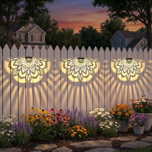 Gardsee Solar Fence Lights 6 Pack Solar Deck Lights Waterproof LED Solar Powered Step Light Wall Lights Outdoor Decorations Warm Yellow Light Decorative Lighting for Garden (Black 2) - style: flower