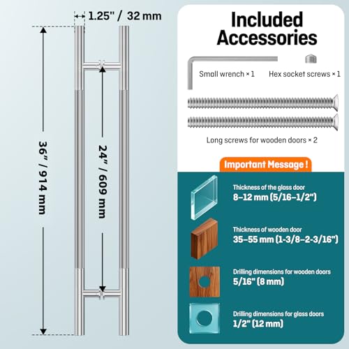 Ranbo 36" Knurled Door Pull Handle, 24"(610mm) CTC, Polished Chrome | Heavy Duty 1.5mm 304 Stainless Steel, Back to Back Pull Handles for Interior/Front /Barn/Commercial/Entrances, Enhanced Grip - size: 36 Inch