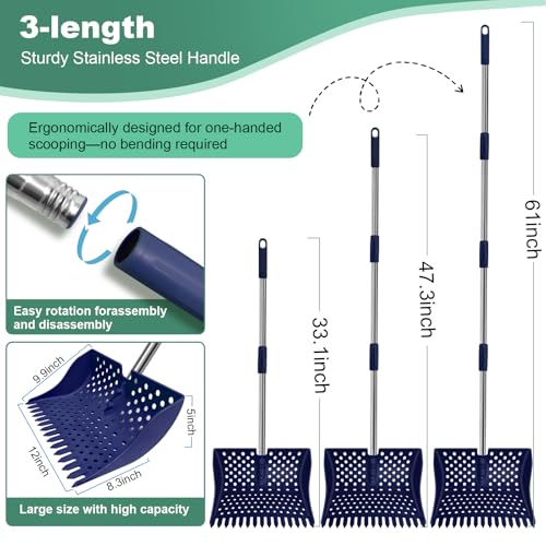 12" 2-in-1 Chicken Poop Scooper & Rake, 3-Shape Sifting Holes Chicken Coop Rake, Stainless Steel Handle (20–61") - Litter Scooper & Sand Sifting Shovel (U.S. Patent No. D1124534) - Blue