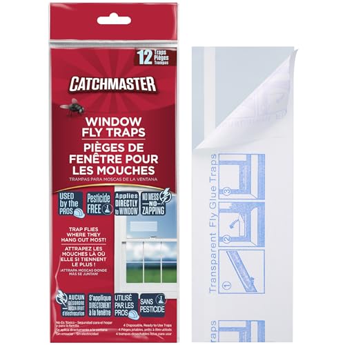 Catchmaster Window Fly Traps 12-Pack, Fruit Fly Traps for Indoors, Disposable Bulk Bug Catcher, Waterproof Insect Glue Trap, Adhesive Strips, Pest Control for Home, Kitchen, & Garage - size: 12 Standard Traps