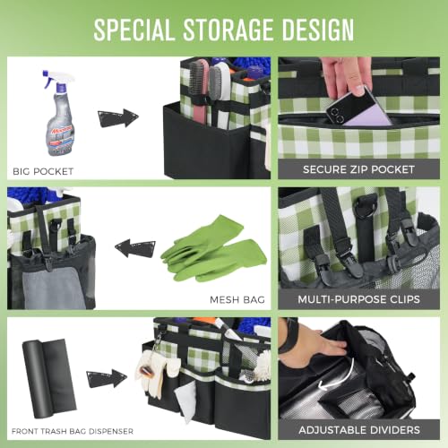 SCAVATA Wearable Cleaning Caddy, Cleaning Caddy Supplies Organizer with Handle & Shoulder Straps for Housekeepers, Under Sink & Car Cleaning Tool Organizers Bag with 4 Foldable Divider (GreenPlaid) - color: GreenPlaid