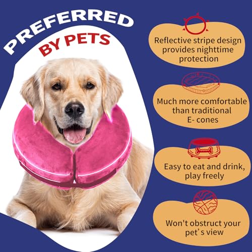 Inflatable Reflective Dog Cone Collar Alternative After Surgery,Doggie Recovery Dount Neck Ecollar,Adjustable Soft Dog Cone Collar for Small Medium Large Dogs (Pink, M) - color: Pink, size: Medium（10.5"-13"）