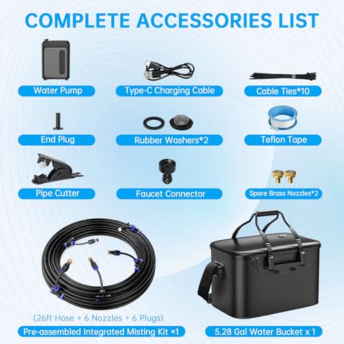 IGRL 26FT Portable Misting System for Cooling, Misters for Outside Patio with 20L Foldable Tank, 6000mAh Pump & 6 Adjustable Brass Nozzles for Umbrella, Camping, Golf Cart, Sport
