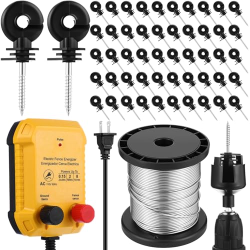 Electric Fence Charger Kit 0.15J 2 Mile 50 Insulators 250ft Wire | 110VAC Plug in Energizer, Aluminum Wire for Poultry Pets, Socket Tool, Garden Pond Protection, AC Powered Outdoor Containment - style: 0.15 Joule