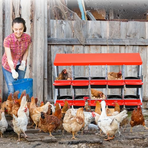 Chicken Nesting Box, 10-Hole Wall Mount Metal Chicken Nesting Box with Rollout Egg Collection & Easy-Clean Pull Out Tray, Roll Away Hen Roosting Boxes