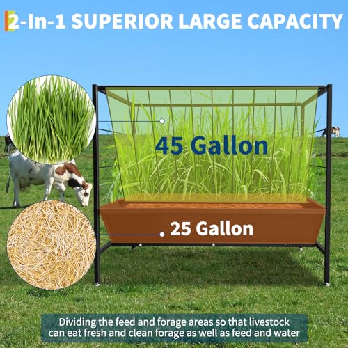 GarveeLife Pasture Hay Feeder 45 Gallon, Heavy Duty Steel 2-in-1 Livestock Feeder, Hay Grain Feeding Trough with 24 Gallon Feed Pan, Livestock Feeder for Sheep, Calf, Cow and Horse, Black