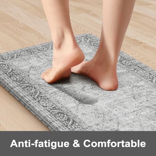 KIMODE Anti Fatigue Kitchen Mat 2PCS,Waterproof Farmhouse Kitchen Rugs Grey | Boho Vintage Kitchen Mat for Floor Non-Slip,Cushioned Comfort Foam Standing Mat for Laundry,Office,Sink,Desk,Dormitory - color: Grey, size: 17.3" x 47"+17.3" x 29"--0.47 inches