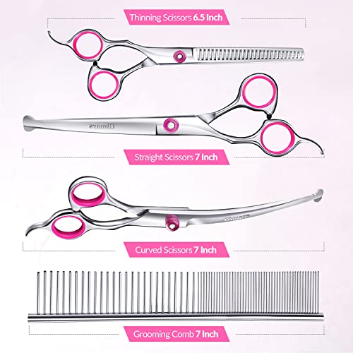 Gimars Dog Grooming Scissors Kit Professional 4CR with Safety Round Tip, 5 in 1 Heavy Duty Titanium Coated Thinning & Curved & Straight Shears - style: Pink 5 in 1
