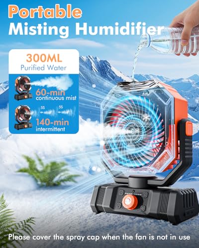 Portable Misting Fan with 20000mAh USB Rechargeable Battery, 250mL Water Tank & LED Lantern – Cooling Fan with Mister for Camping, Home, Tent, Beach, Picnic, Barbecue, Outdoor & Indoor Use