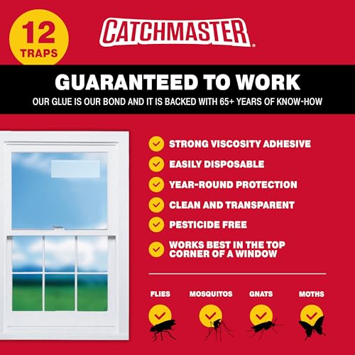 Catchmaster Window Fly Traps 12-Pack, Fruit Fly Traps for Indoors, Disposable Bulk Bug Catcher, Waterproof Insect Glue Trap, Adhesive Strips, Pest Control for Home, Kitchen, & Garage - size: 12 Standard Traps
