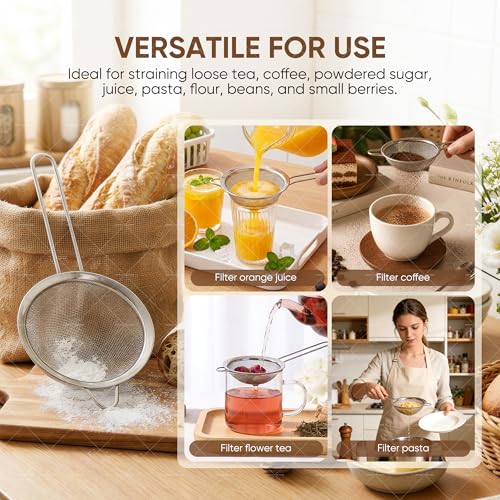 Fine Mesh Strainer Set 5 Pack, Stainless Steel Mini Small & Medium Sieves Colanders, Multipurpose Sifter Strainer for Tea, Pasta, Juice & Baking