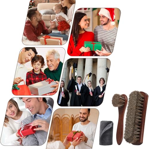 3-Piece 100% Horse Hair Shoe Brush Kit Premium Dauber Applicators Leather Care Cleaning Set with Polishing Brushes and Microfiber Cloth for Leather Suede Shoes Boots Bags Cars Cleaning Polishing