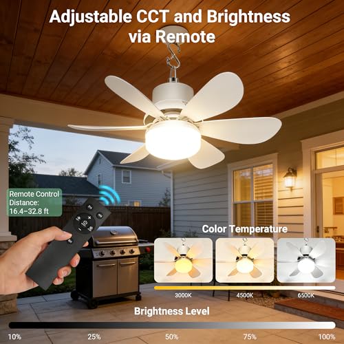 Solar Fan for Gazebo with Light | Solar Powered Ceiling Fan with Remote | 18000mAh Rechargeable | 17.5'' Portable Outdoor Hanging Fans for Pergola| Backyard| Camping| Tent| RV Canopy, IP54 Rated