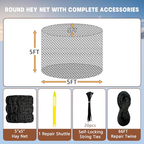 Large Round Bale Hay Net for Horses, 5x5 ft Hay Nets for Horses Slow Feed Knotless, Slow Feeder Hay nets for Horses, Fits Round Bales 4x4ft and 5x5ft, Square Bales 3x3x8ft and 4x4x8ft - size: 5x5 Ft