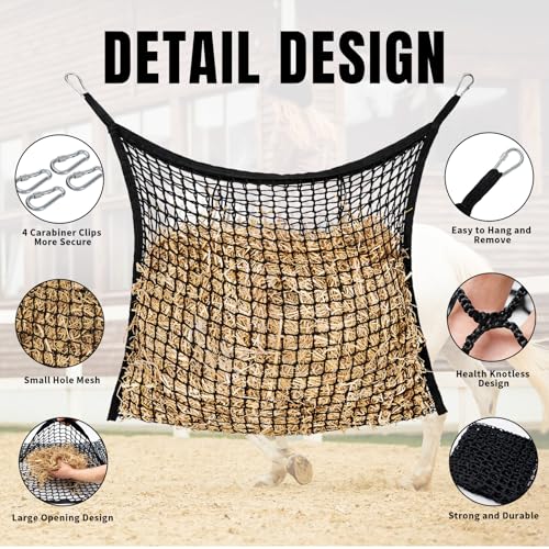 Slow Feed Hay Nets for Horses, Large Capacity Hay Bags, 2 Pack | 35 x 31 in, includes 4 carabiners,black, heavy duty hay feeder for horses and goats, easy to hang in stalls and trailers - size: 2PCS