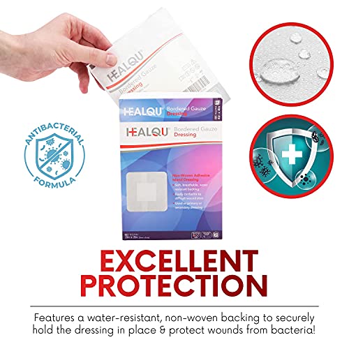 HEALQU Bordered Gauze Island Dressing - 50 Count, 2" x 2" Sterile Individually Wrapped Gauze Pads with Water-Resistant, Non-Woven Backing - Soft and Breathable Wound Dressing for First Aid and Medical - size: 2x2" (1x1" pad) Box of 50