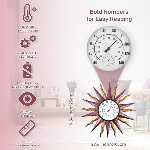 27“ Sun Outdoor Thermometer, Large Metal Thermometer Outdoor Waterproof, Decorative Outdoor Thermometers for Patio, Outside Thermometer with Humidity(Gold) - color: Golden Sun
