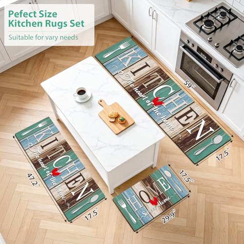 Kitchen Rugs Set 3 Piece, Non Slip Kitchen Mats for Floor, Soft Fabric with Rubber Backing, Farmhouse Anti Fatigue Runners Carpet for Home Kitchen Laundry Room Hallway (Rustic Teal Brown) - color: Rustic Teal Brown