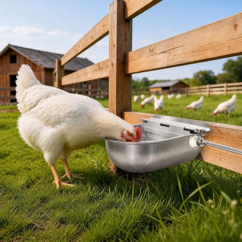2-Pack Automatic Livestock Waterer, 304 Stainless Steel Auto Fill Drinking Bowl with Float Valve, Drainage Hole & Protective Baffle, Wall Mount or Floor Stand, for Dogs, Chickens, Horses, Goats, Pigs