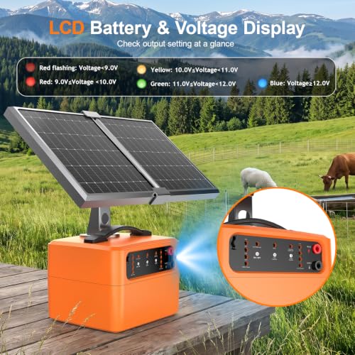 30 Miles Solar Electric Fence Charger, 15W Solar Powered Electric Fence Kit with 6–12KV & 0.3–1.5J Adjustable Output, Battery Level LCD Display, All-Weather for Livestock, Farm, Garden