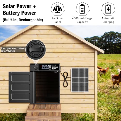 Automatic Chicken Coop Door, Large Size Solar Powered Coop Door | Opening in Emergency, Anti-Pinch, Timer & Light Sensor, Aluminum Waterproof Auto Chicken Door, with 7W Solar Panel