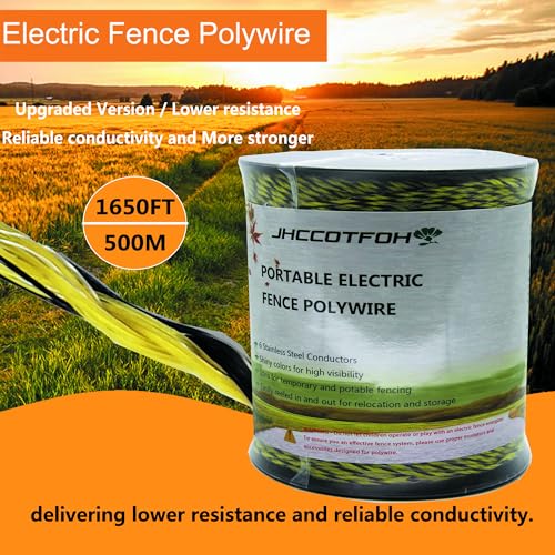 Polywire Electric Fence 500 Meters 1650 Feet 6 Stainless Steel Strands for Excellent Conductivity and Rust Resistance Black and Yellow - size: 1650 Feet