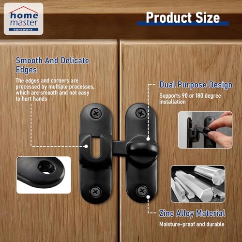 HOME MASTER HARDWARE 90/180 Degree Flip Barn Door Lock, Thickened Solid Gate Latches, Security Sliding Door Latch for Cabinets, Bathroom, Sliding Doors and Windows (Black, 1-Pack)