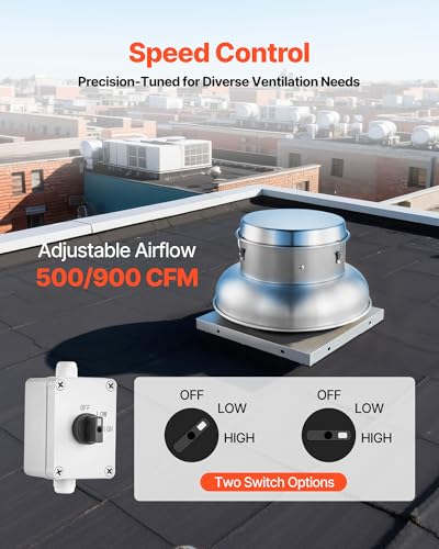 VEVOR Roof Exhaust Fan, 500CFM & 900CFM Adjustable Speed Control Attic Vent Fan with High-Power Motor, 21inch Fan Base Heavy-Duty Aluminum Alloy, Compact for Garage,Kitchen,Bathroom,Silver - size: 500CFM & 900CFM