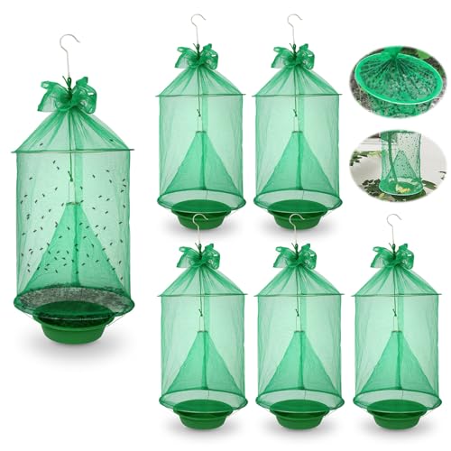 Reusable Outdoor Fly Trap Hanging Fly Catcher with Brush-6 Pack | Fly Cage Ranch Fly Traps with Bait Tray, Fly Control Killer Repellent Hunter Catcher for Barn Orchard Farm Horse Patio - size: 6 pack