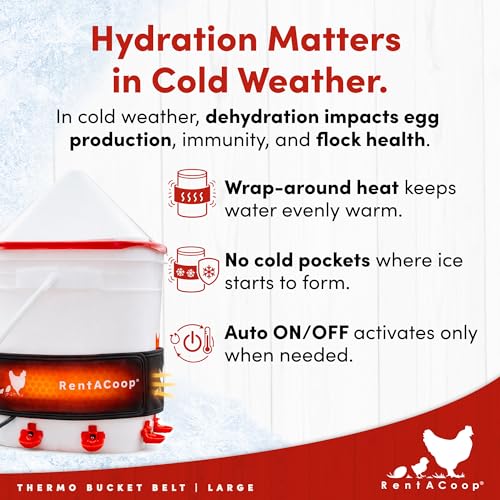 RentACoop Heated Chicken Waterer Belt for Winter, Thermo Bucket Heater Strap LG with Insulated Wrap for 2-5 Gal, 40W Energy Efficient, Safe to -10°F, Auto Thermostat - size: Large