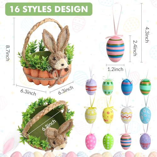 Easter Basket Decoration with Handle, Handmade Straw Bunnies, 12 Hanging Easter Eggs,Carrot Baskets for Easter Egg Candy Storage, Spring and Easter Home Table Decor, Mantle Centerpiece